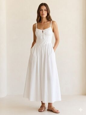 White Cotton Smocked Babydoll Maxi Dress Small 4-6